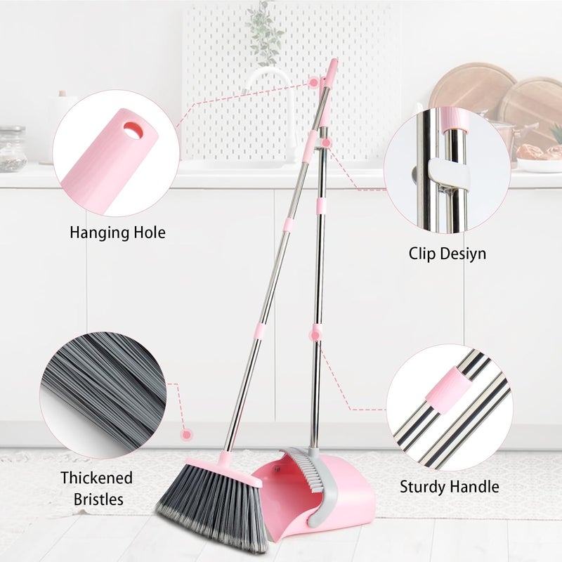 OOOFLOWER Broom and Dustpan Combo Set, Long Handle and Standing Dust Pan with Comb Teeth, Efficient Floor Cleaning for Kitchen, Outdoor, Dorm, Apartment, Office Lobby (Pink Gray) - Image 3